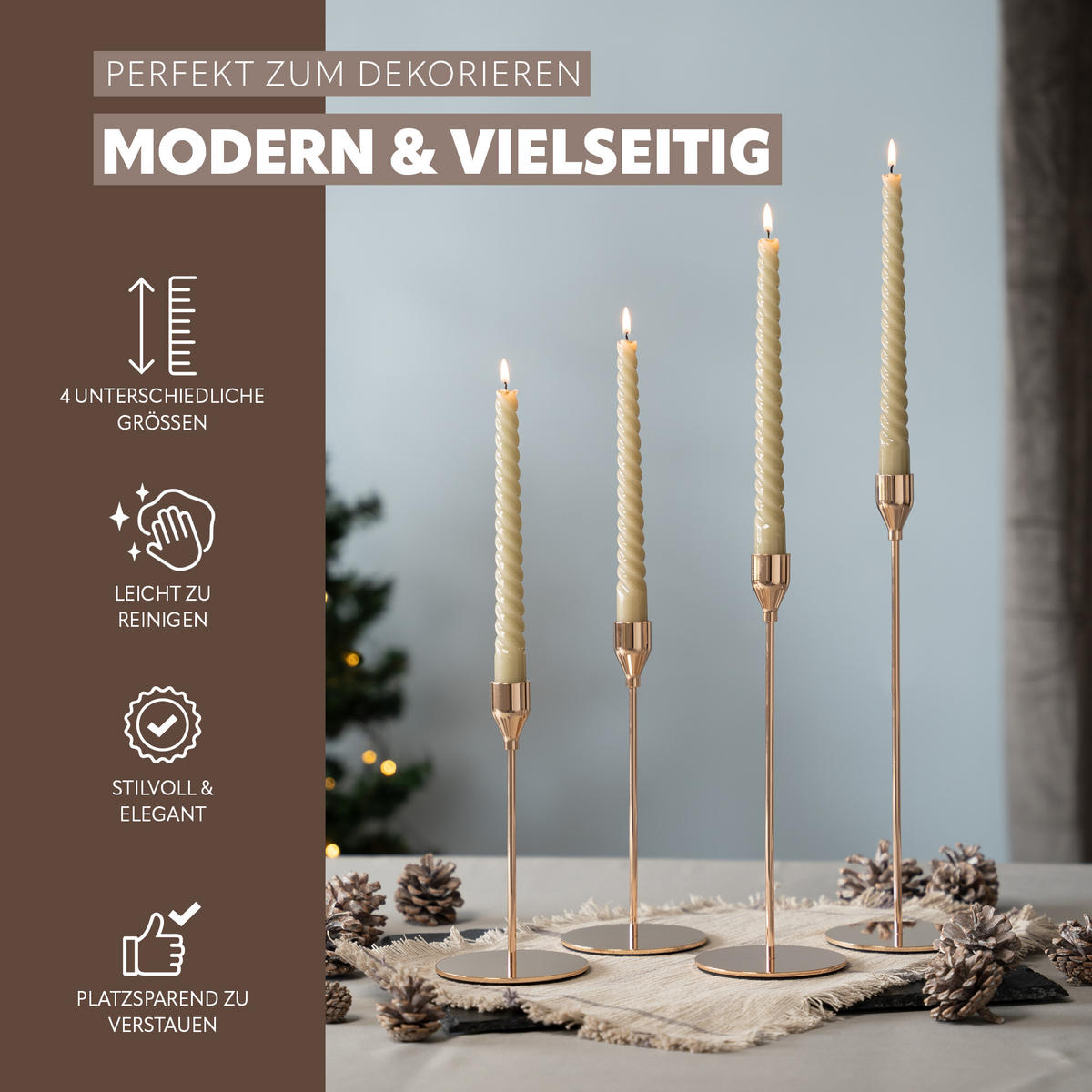 KERZENHALTER 4er-Set, Gold, Aluminium, Stahl - Roségold, Metall (10/32/10cm) - bremermann