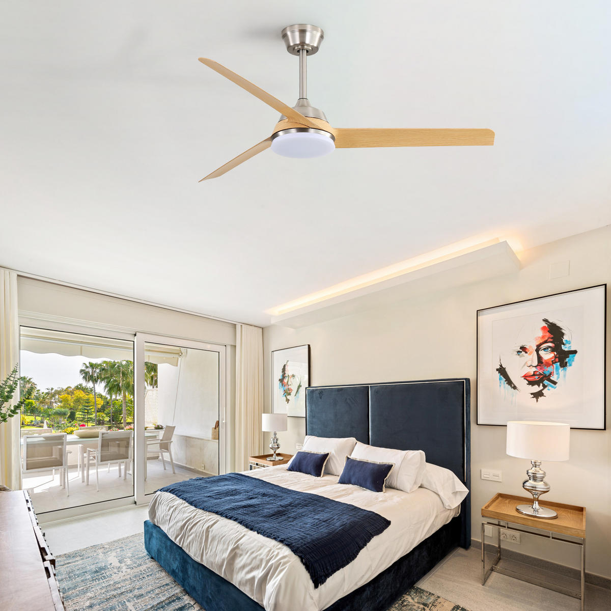 DECKENLEUCHTE mit Ventilator 132CM, 22W LED, 3 ABS-Flügel und Fernbedienung - Nickelfarben, Kunststoff (132/132/36.5cm) - Kaket