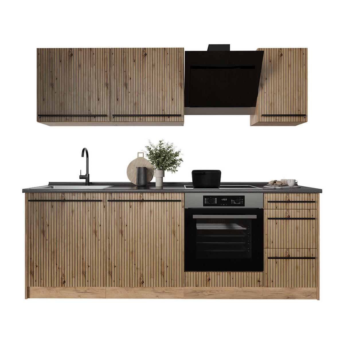 KÜCHENZEILE R-Line, Artisan-Eiche/Goldkraft Eiche, 220 cm ohne Arbeitsplatte - Honigeiche/Eiche Artisan, Holzwerkstoff (220/81.6/46cm) - Vicco