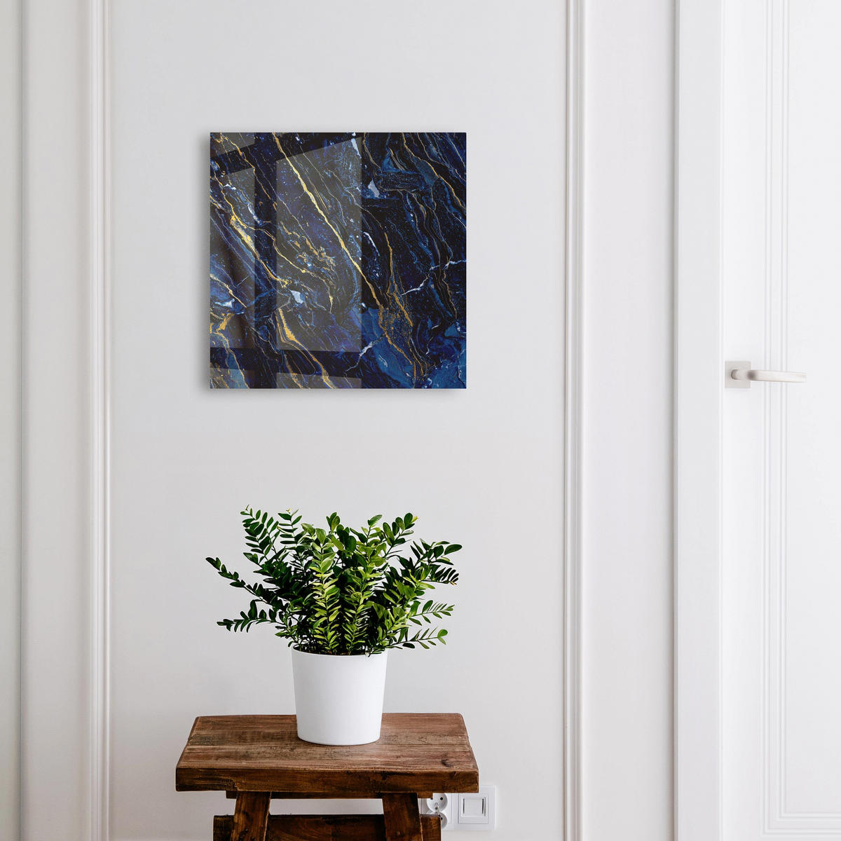 SCHLÜSSELBOX Weiß 30x30 cm – Türöffnung nach rechts - Marineblaues Muster - Dunkelblau, Metall (30/30/5cm) - TULUP