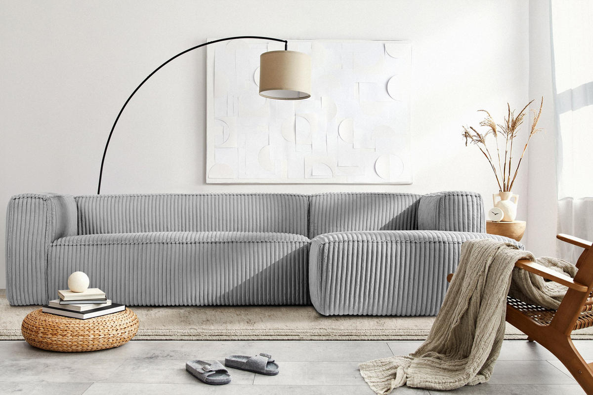 ECKSOFA-RECHTS FEROX Modern, Cord-Stoff, hellgrau - Hellgrau, Textil (305/175cm) - KONSIMO®