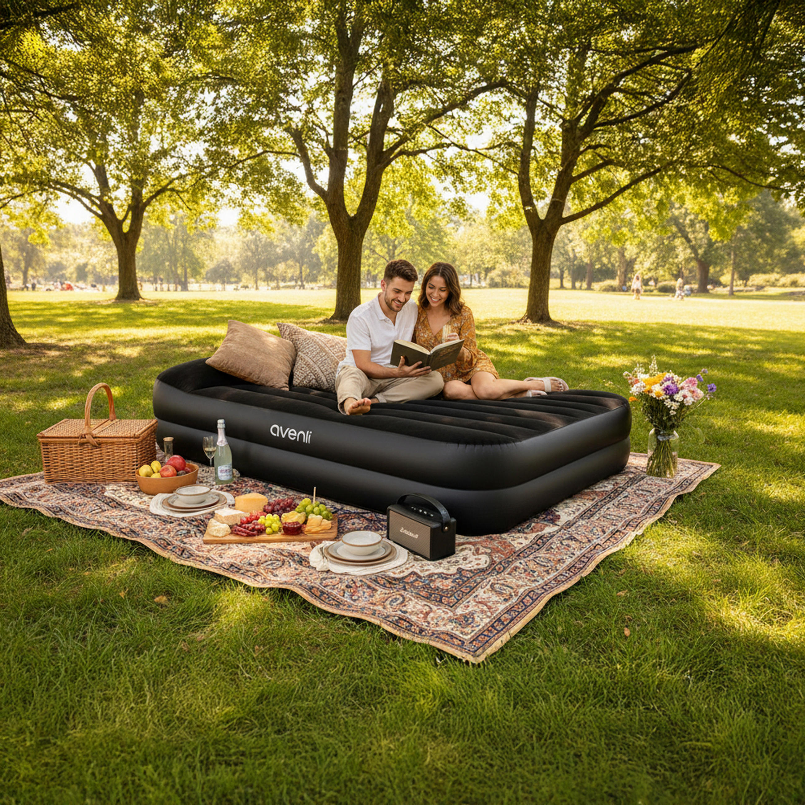 LUFTBETT Luftmatratze selbstaufblasend 203 x 152 x 46 cm mit integrierter Pumpe - Schwarz, Kunststoff (152/203cm) - Avenli
