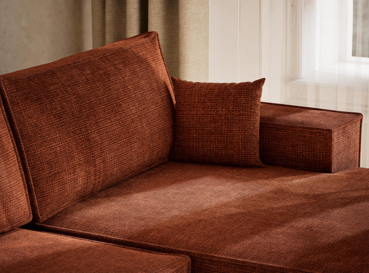 WOHNLANDSCHAFT Kyoto Kupferfarbe Chenille-Stoff - Schwarz/Kupferfarben, Holz/Holzwerkstoff (398/70/148cm) - Maison de Reve