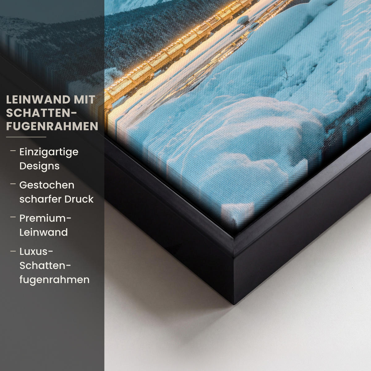 LEINWAND Bilder mit Rahmen - Winterlandschaft - Natur - Haus - Berge - Schnee - 30x20 - Hellblau, Textil (30/20cm) - MuchoWow