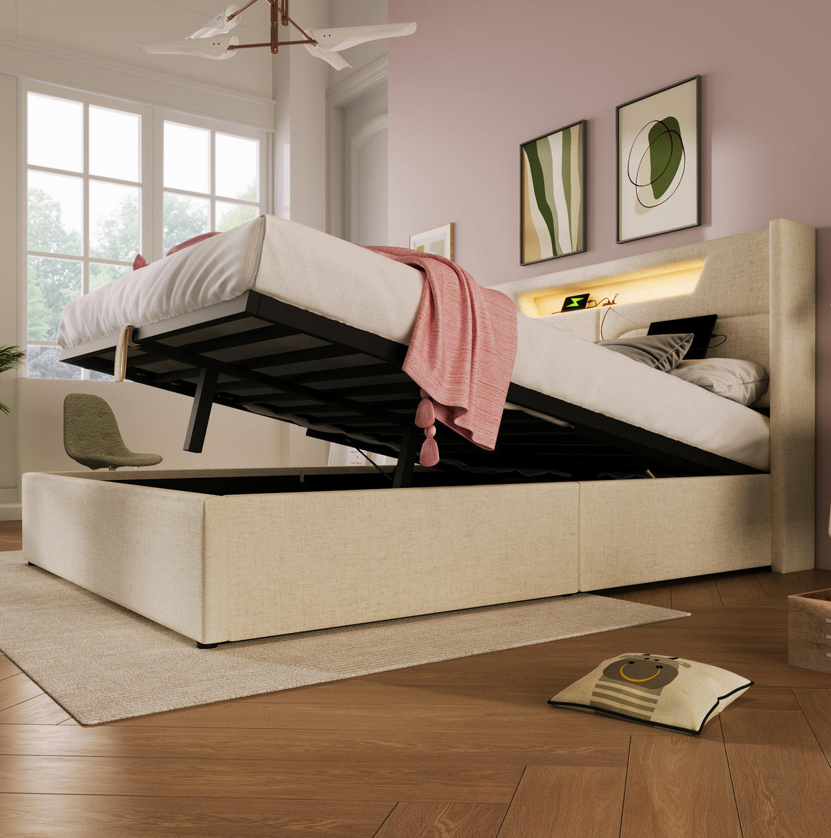 POLSTERBETT mit LED, USB und Stauraum 140x200 cm Beige - Beige, Metall (140/200cm) - Meubliv
