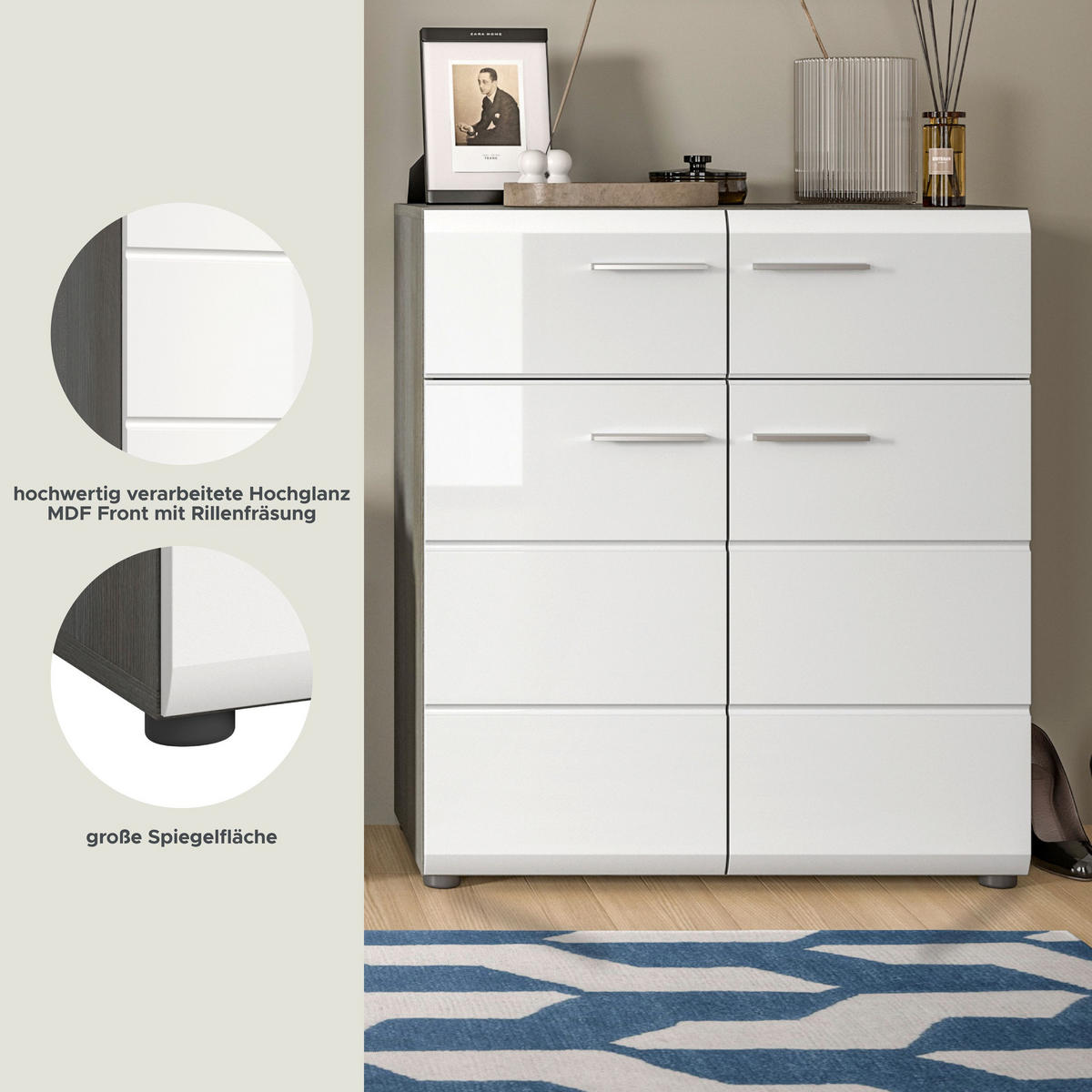 SCHUHKOMMODE SALSA (B/H/T: ca. 80/90/37 cm) in Rauchsilber Nachbildung/weiß hochglanz - Silberfarben, Holzwerkstoff (80/90/37cm)