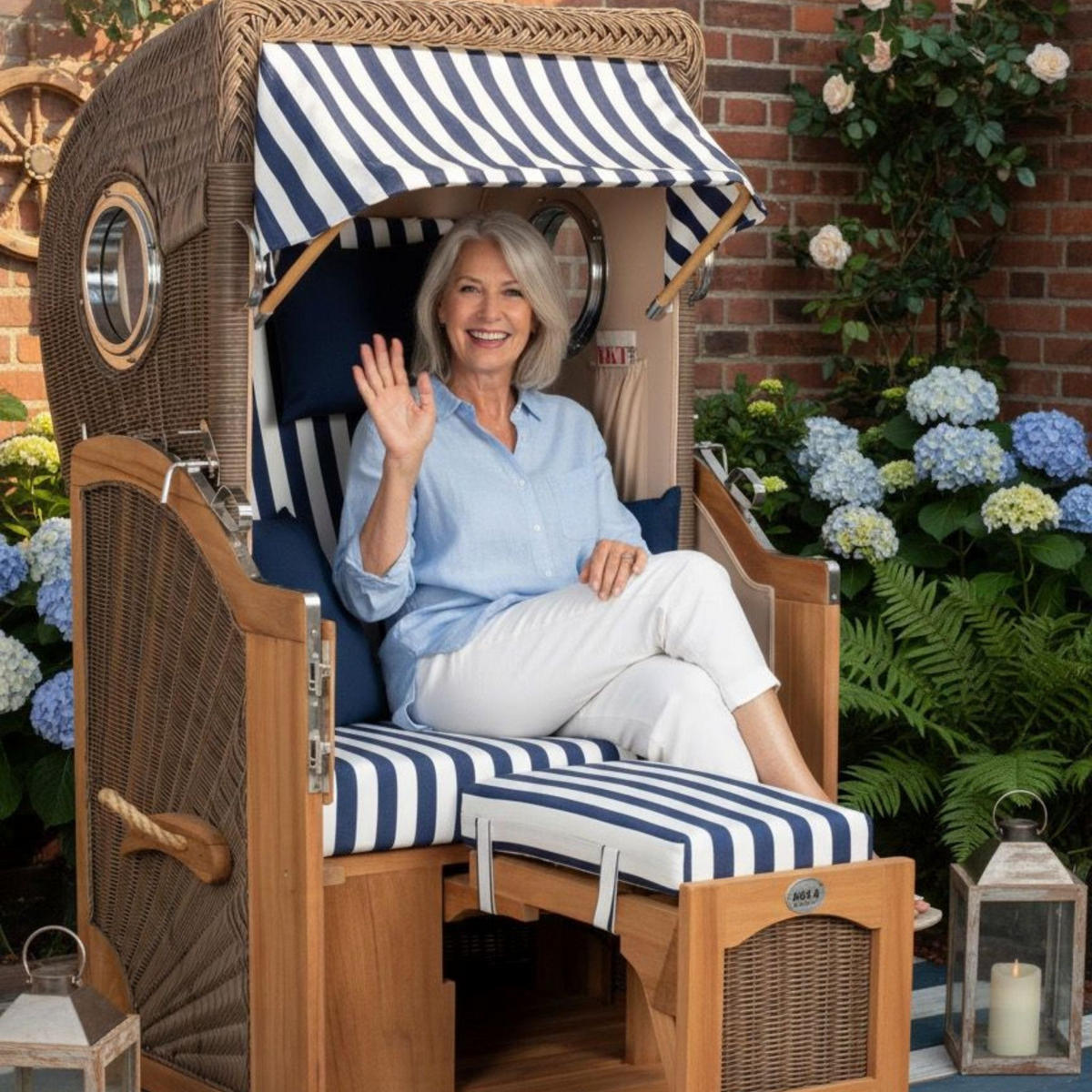 STRANDKORB Düne Single Teak 1-Sitzer - Blau/Braun, Holz/Textil (96/165/80cm) - Mr. Deko