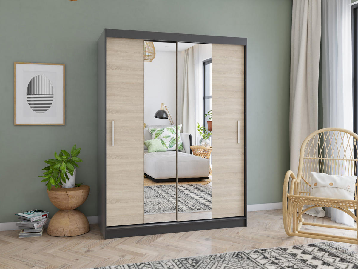 SCHWEBETÜRENSCHRANK Vista 01 Schwarz/Sonoma Eiche + Spiegel, mit LED-Beleuchtung 150cm - Alufarben/Schwarz, Glas/Holzwerkstoff (150/200/61cm) - imoebel24