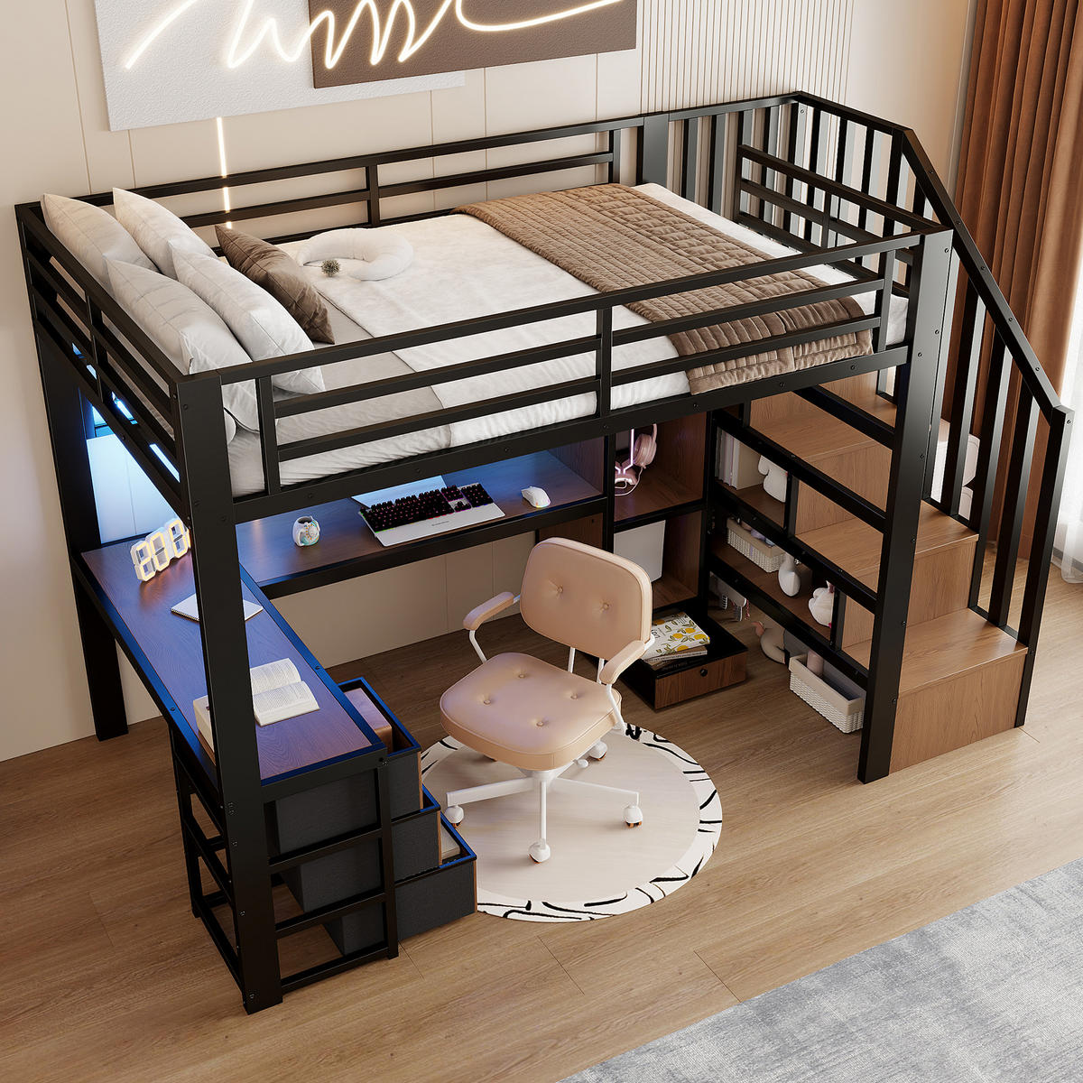 HOCHBETT 90/200 cm in Schwarz Kinderbett mit 4 Schubladen, LED und Schreibtisch - Schwarz, Holzwerkstoff/Metall (90/200cm) - STILVORA