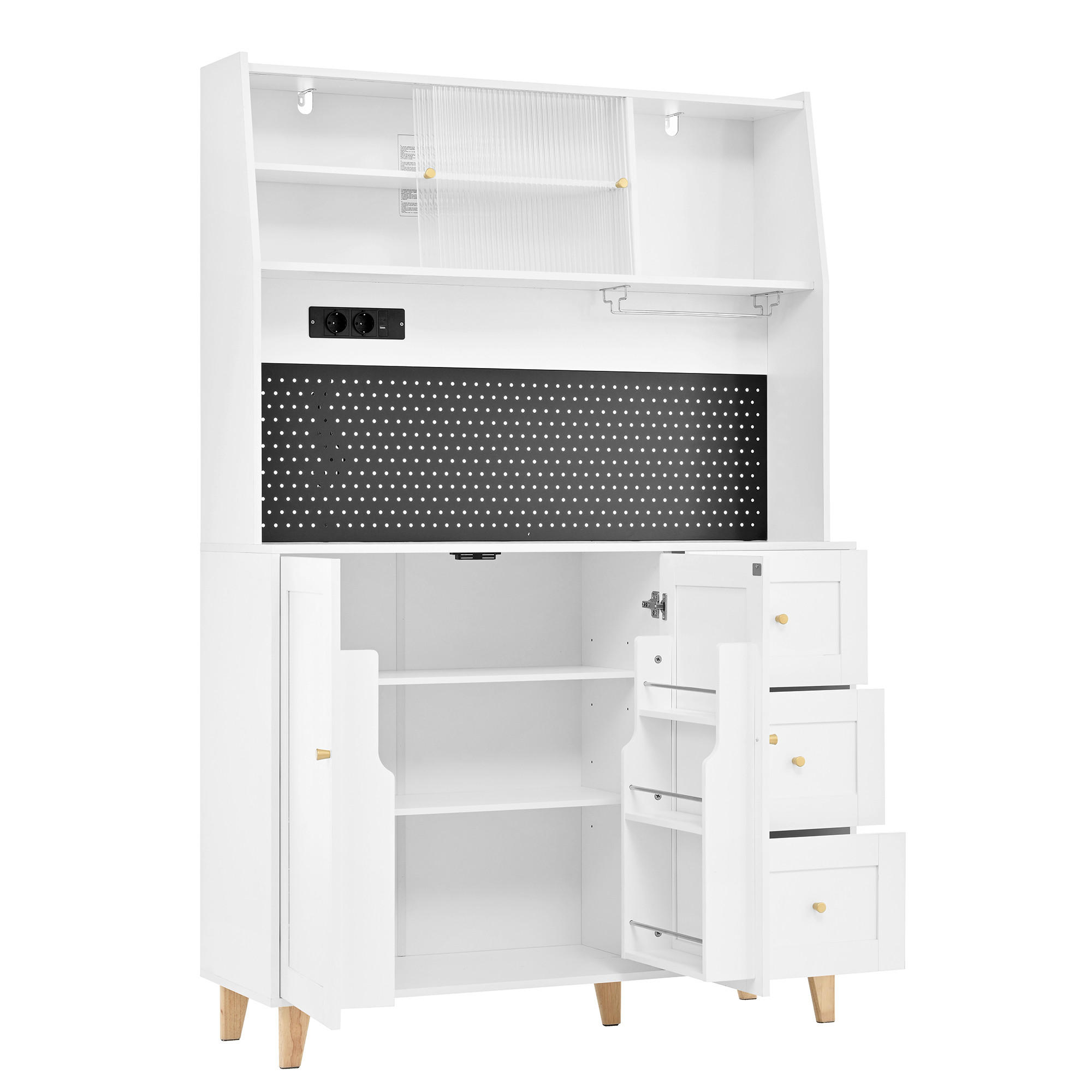 HIGHBOARD in Weiß Barschrank mit Weinglashaltern und Schubladen für Esszimmer und Küche, B120/T40/H184 cm - Naturfarben/Weiß, Glas/Holz (120/184/40cm) - STILVORA