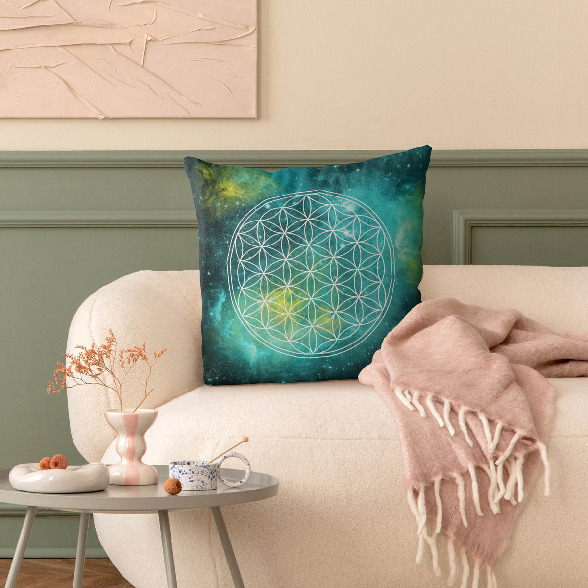 DEKOKISSEN Blume des Lebens im Licht der Sterne 50/50 cm - Weiß, Textil (50/50/10cm) - Bilderwelten