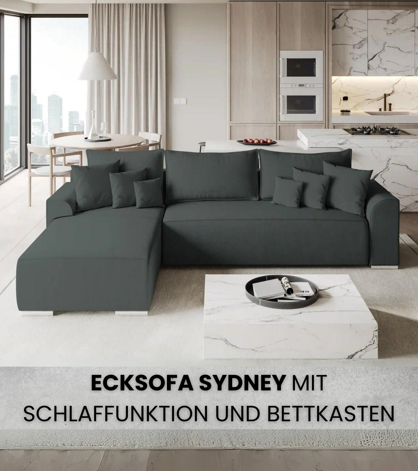 ECKSOFA Sydney mit Schlaffunktion Graphitfarben Leinenoptik - Graphitfarben, Textil (280/184cm) - Bromarkt