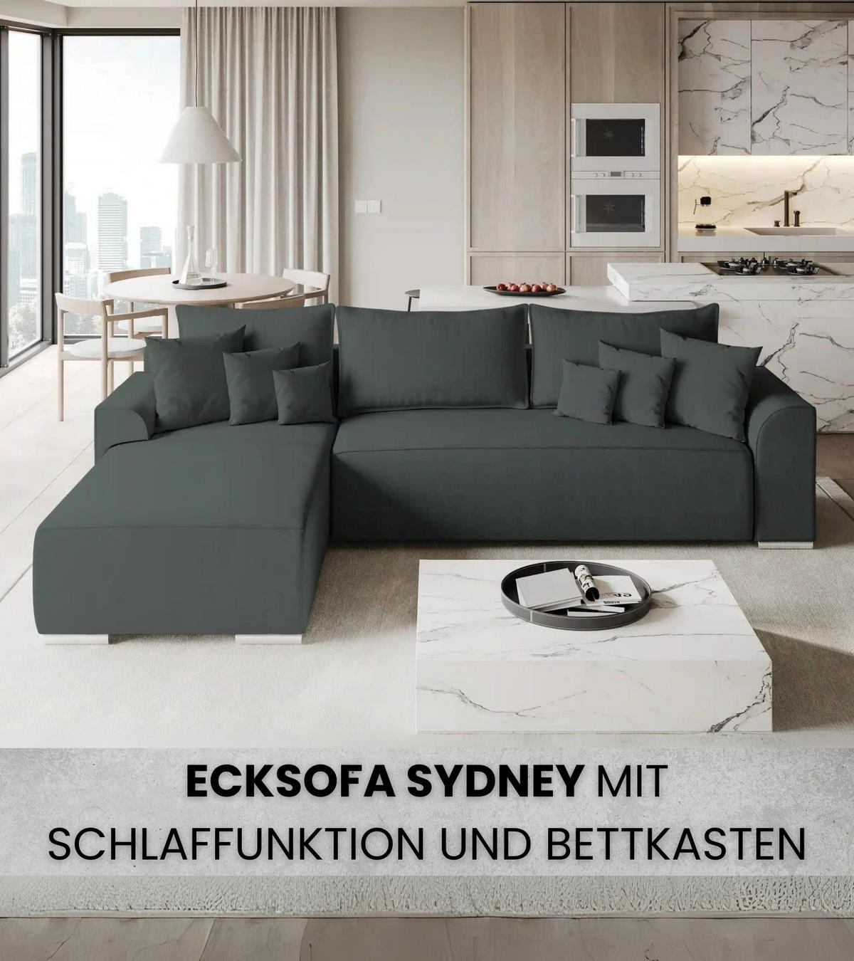 ECKSOFA Sydney mit Schlaffunktion Graphitfarben Leinenoptik - Graphitfarben, Textil (280/184cm) - Bromarkt