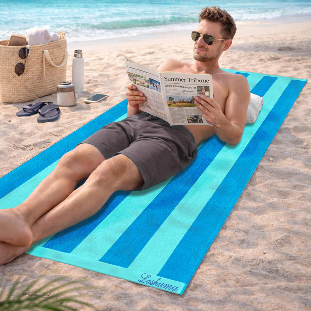 STRANDTUCH Riviera Frottee Velours 90x180 cm 480g/m² - Türkis/Blau, Naturmaterialien (90/180cm) - Lashuma