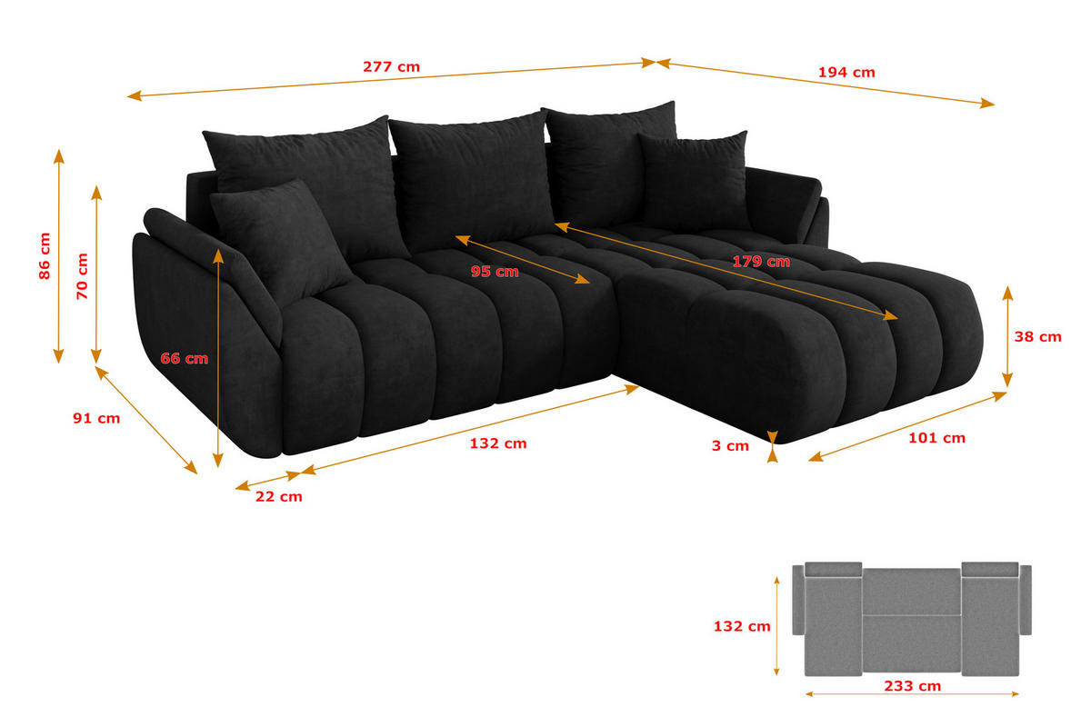 ROHOVÁ SEDAČKA s funkcí spaní, otoman vpravo TOKO-L-v1 277x194x86 černá velur - černá, kompozitní dřevo/textil (277/194cm) - ALTDECOR