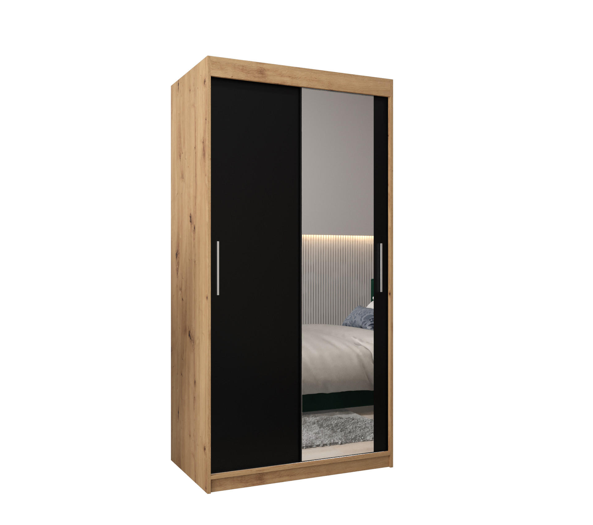 Abiks Möbel SCHWEBETÜRENSCHRANK Eiche Artisan, Schwarz 100cm × 62cm × 200cm