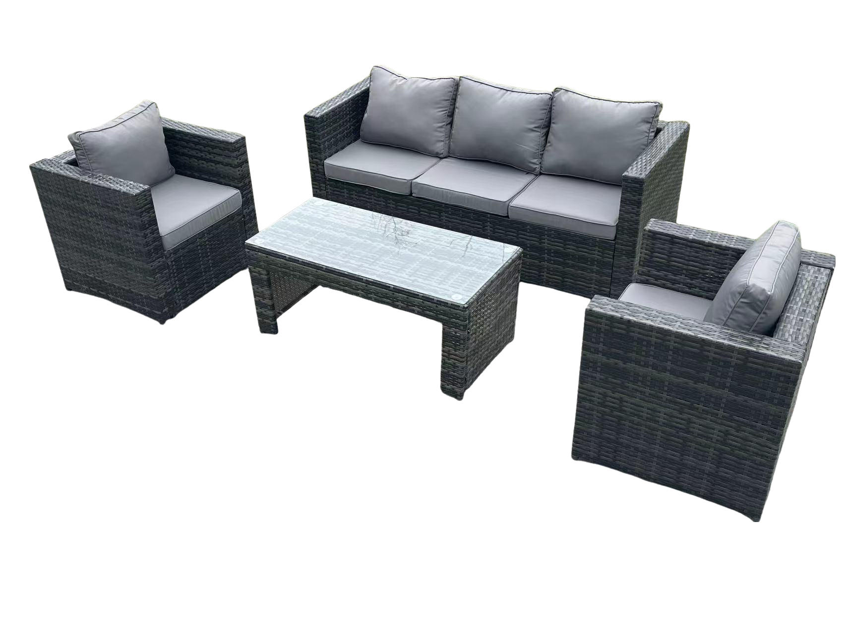 GARTENMÖBELSET mit Couchtisch Polyrattan 5-Sitzer - Dunkelgrau/Grau, Glas/Kunststoff - Fimous