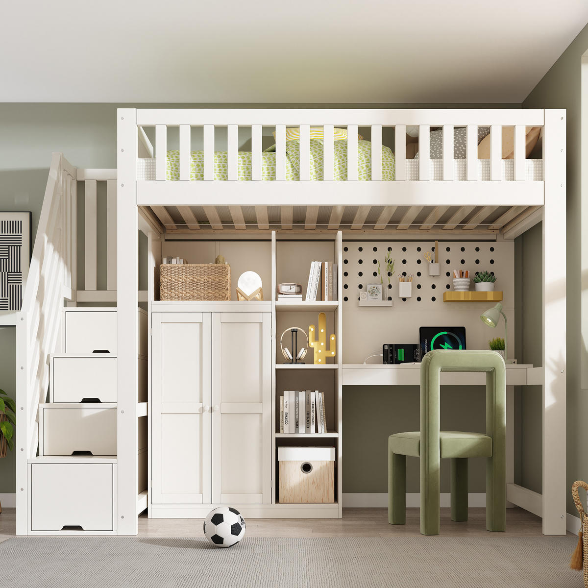 HOCHBETT 90/200 cm aus Holz mit Schreibtisch, Leiterschrank, Kleiderschrank und USB/Typ-C, Weiß - Weiß, Holzwerkstoff (90/200cm) - Redom