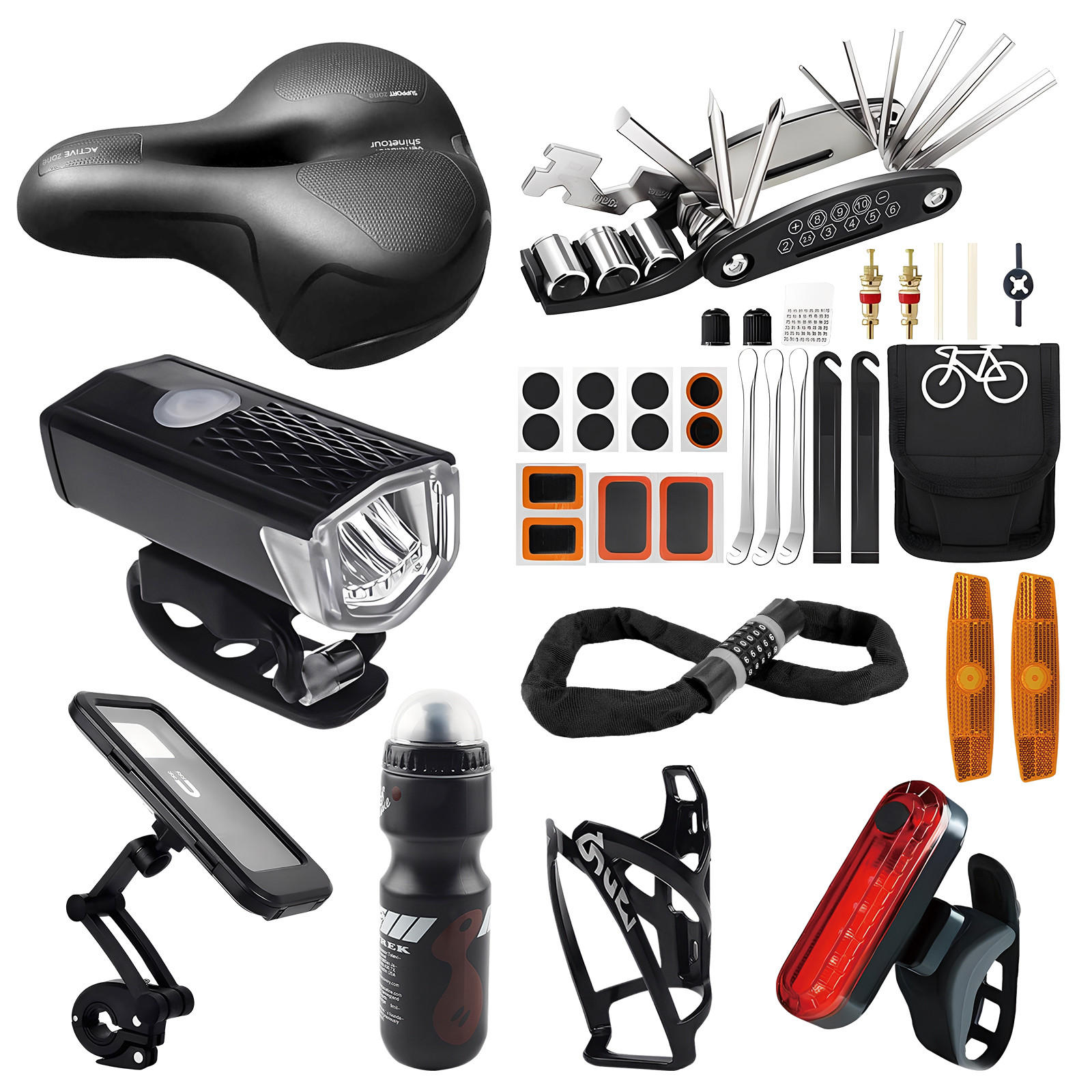 FAHRRADZUBEHÖR Set 8in1, Sattel, LED-Licht, Handyhalter & Werkzeug - Schwarz, Textil (25/10/20cm)