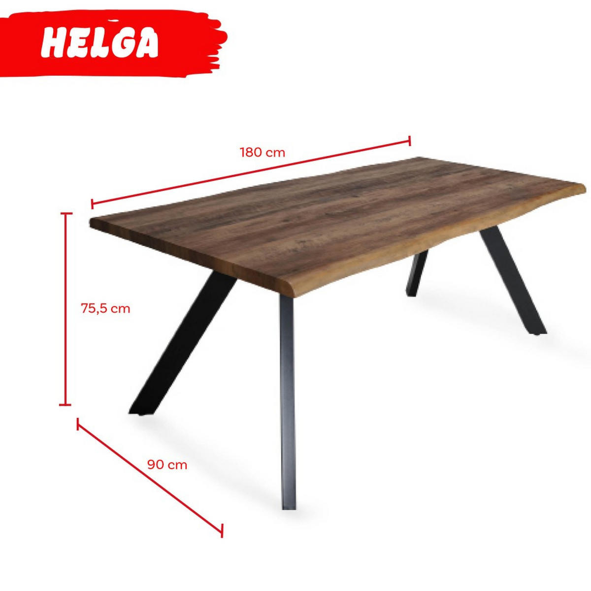 ESSTISCH HELGA / 180x90cm - 8 Personen - Eiche Dekor und schwarze Metallbeine - Eichefarben, Holzwerkstoff (180/90/75.5cm) - Weber Industries