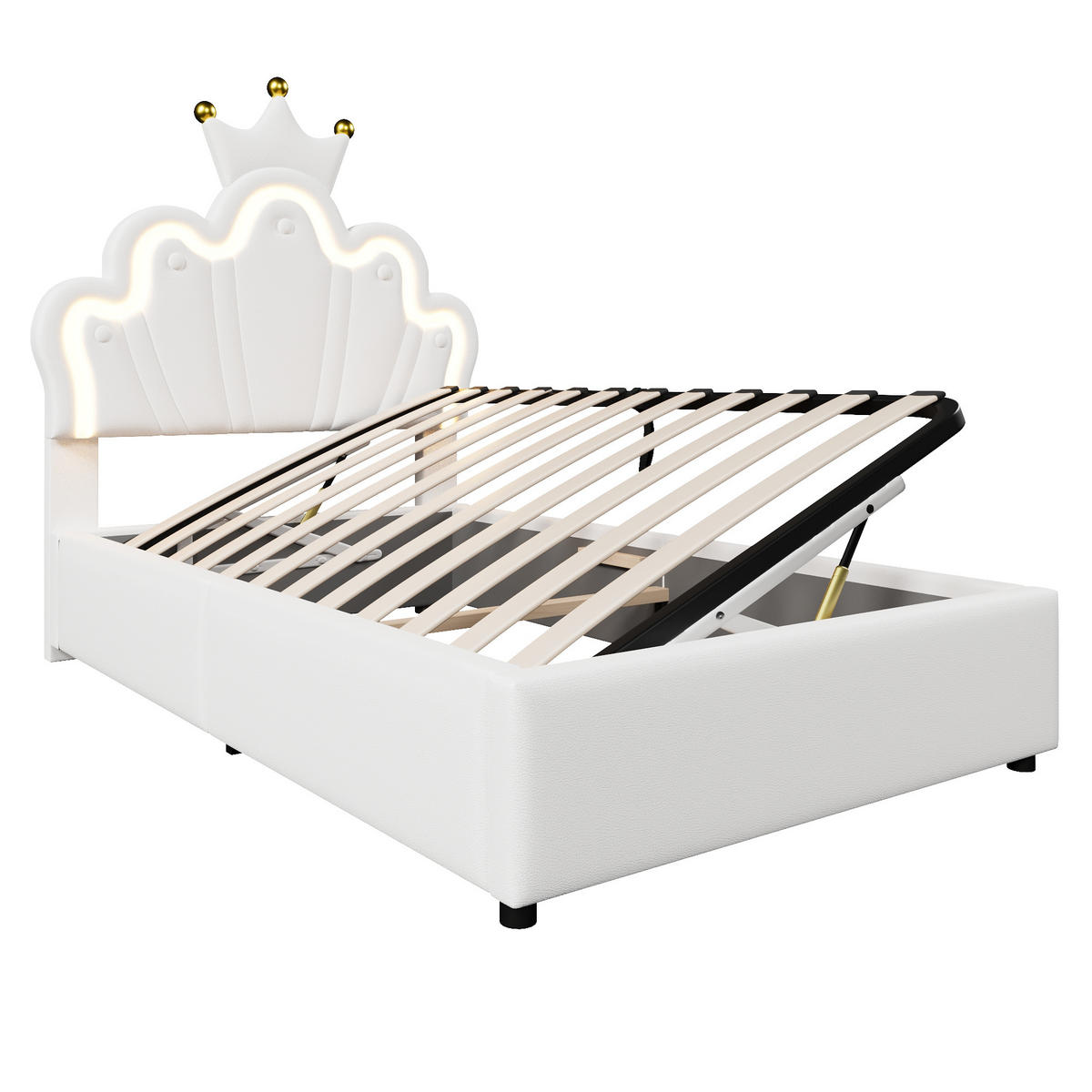 KINDERBETT 90/200 cm Weiß mit hydraulischem Hebemechanismus und LED-Lichtband - Weiß, Leder (90/200cm) - OKWISH