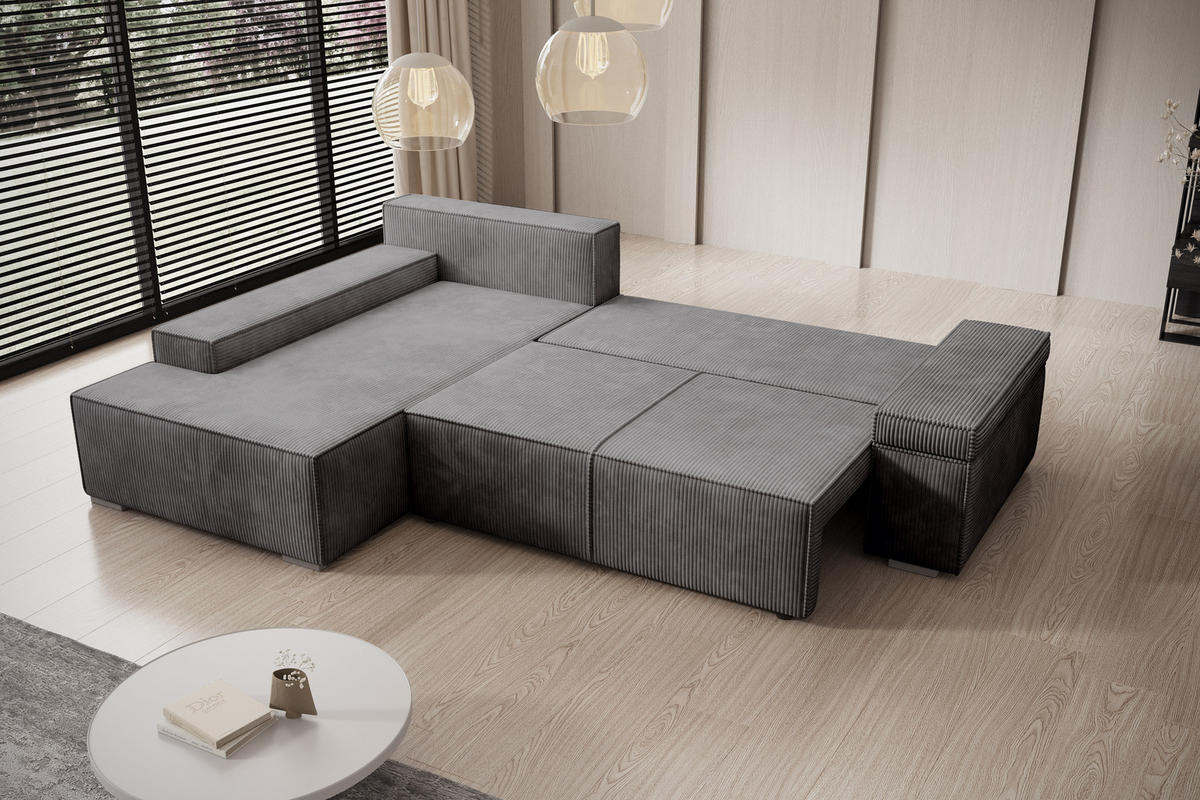 ECKSOFA Milo mit Schlaffunktion und Bettkasten, Couch L-Form, Cord-Stoff, 273x85x185 cm, Dunkelgrau - Dunkelgrau, Holz (185/273cm) - PROMETO Möbel