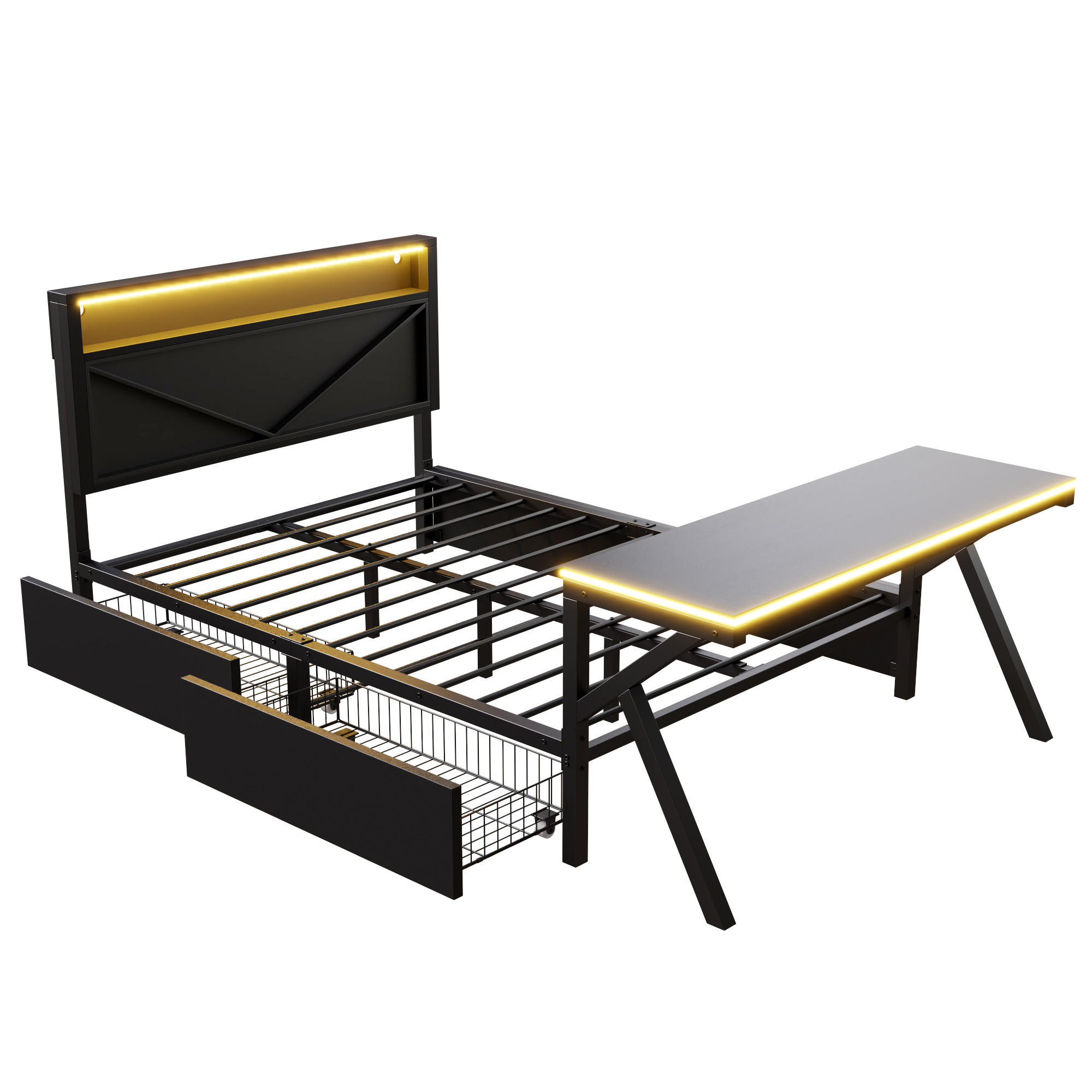 METALLBETT 140/200 cm Rot mit LED-Kopfteil, LED-Schreibtisch und 2 Schubladen - Schwarz, Metall (140/200cm) - Oxeza
