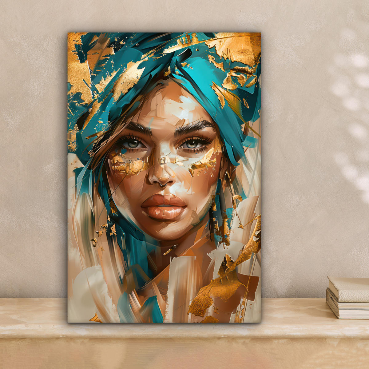 LEINWANDBILD - Frau - Porträt - Gold - Luxus - Blau - 20x30 - Bilder - Türkis, Textil (20/30cm) - MuchoWow
