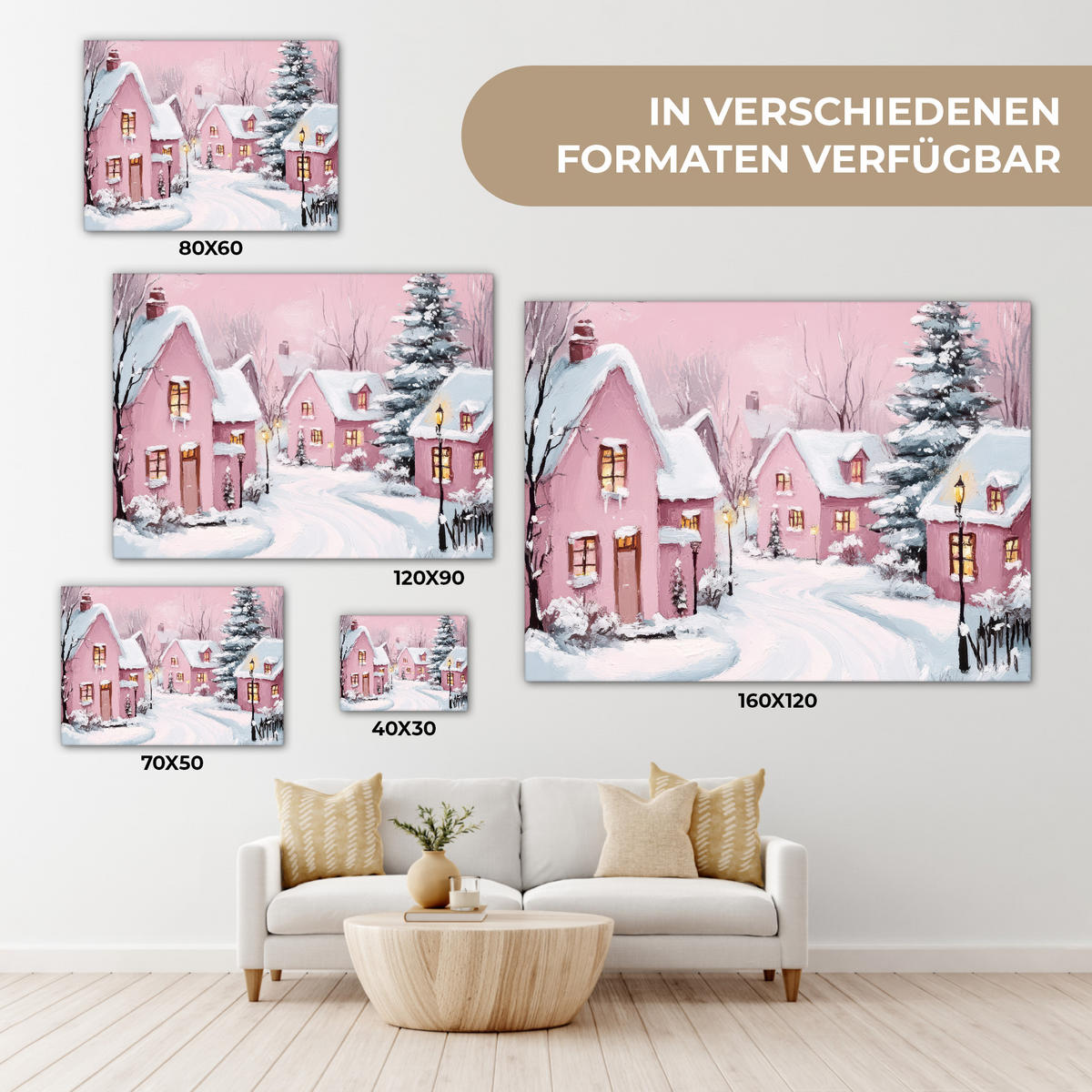 LEINWANDBILD Weihnachtsdorf - Rosa - Winter - Schnee - Häuser Wandbilder 80x60 cm - Altrosa, Textil (80/60cm) - MuchoWow