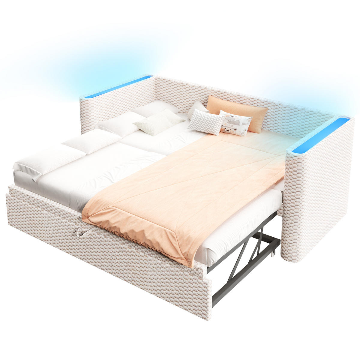 AUSZIEHBETT 90/200 cm Beige mit LED-Beleuchtung aus Samt klappbar zum Doppelbett 180/200 cm - Beige, Textil (90/200cm) - OKWISH