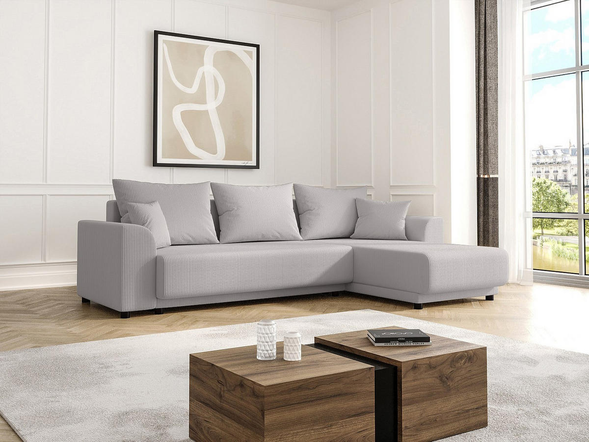 ECKSOFA mit Schlaffunktion - Ecke wechselbar - Cord - Hellgrau - NESSARO - Hellgrau, Textil (240/149cm) - Vente-Unique