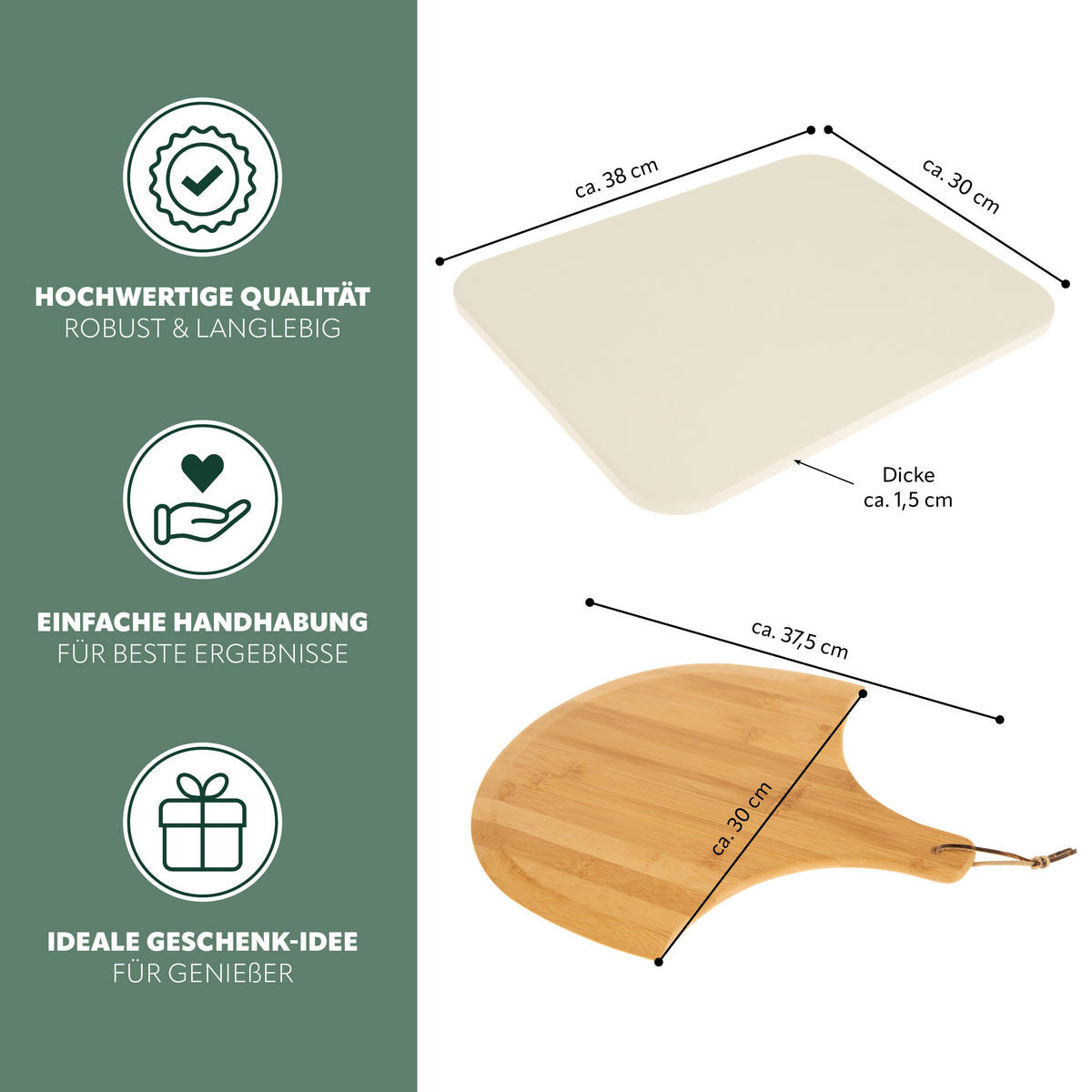 PIZZASTEIN 2er-Set, inkl. Pizzaheber - Naturfarben, Naturmaterialien (30/1/37.5cm) - bremermann