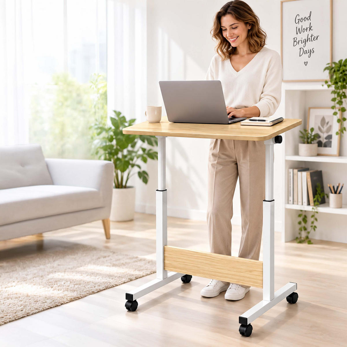 LAPTOPTISCH Weiß höhenverstellbar mit Rollen neigbar 60x40 cm - Weiß, Holzwerkstoff/Kunststoff (40/60/90cm) - Relaxdays