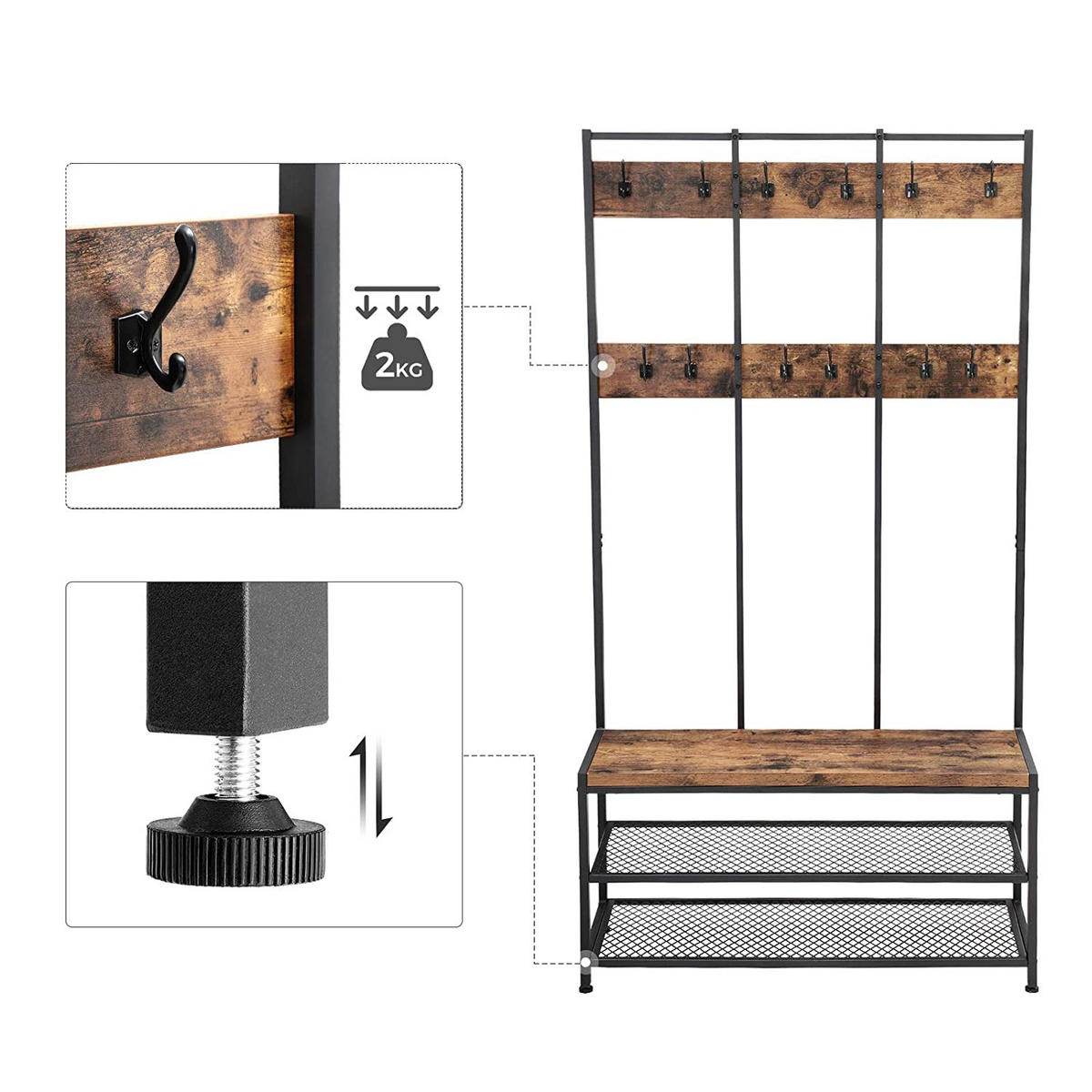 GARDEROBENSTÄNDER Schwarz 100x40 cm HSR86BX Mit Sitzbank Und Schuhregal - Schwarz, Metall (100/186/40cm) - Edanti