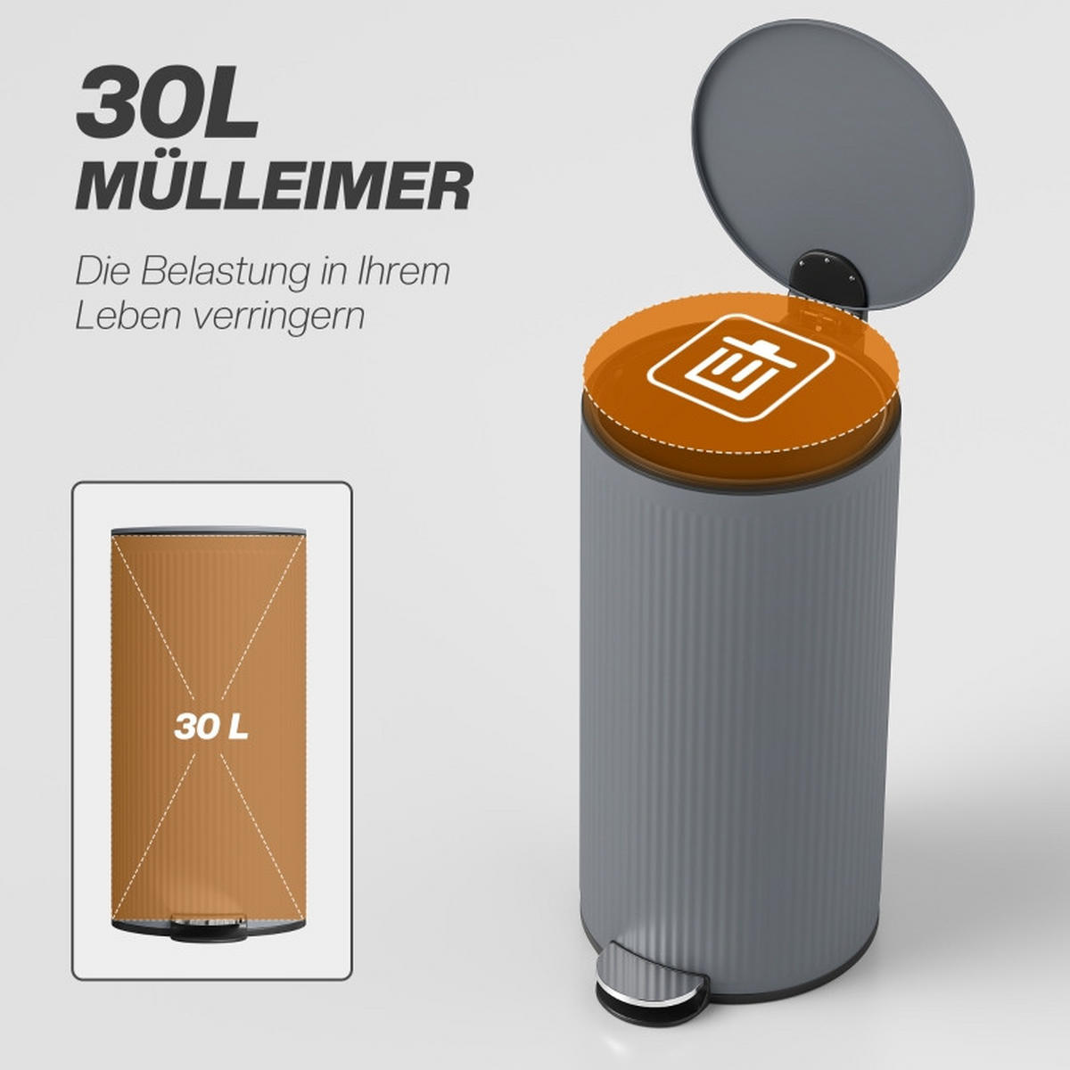 ABFALLEIMER - Dunkelgrau, Metall (30/60.5/36cm)