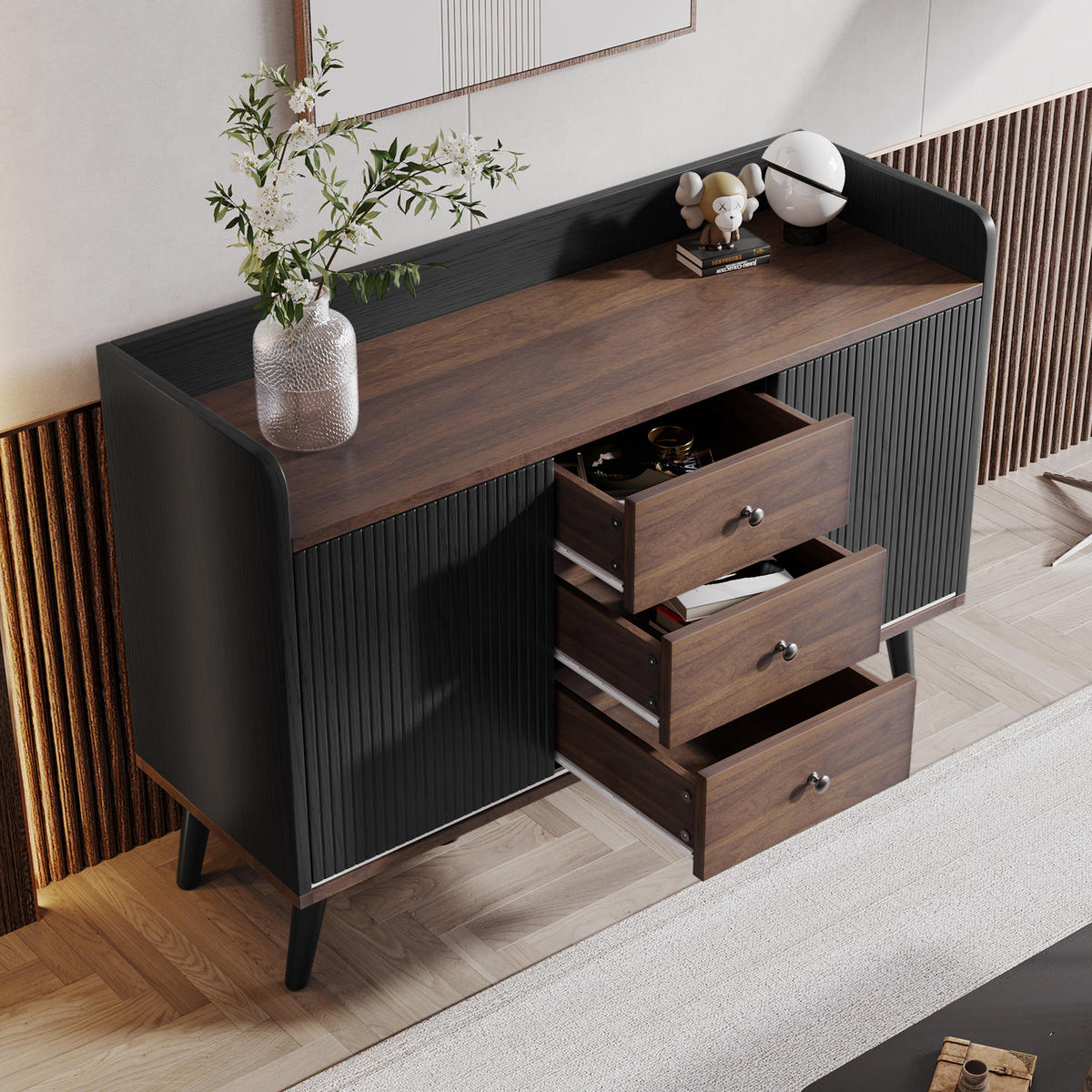 SIDEBOARD 117,5/40/80 cm in Schwarz/Holzfarben mit 3 Schubladen und Schiebetüren - Schwarz, Holzwerkstoff (117/80/40cm) - Flora Grace