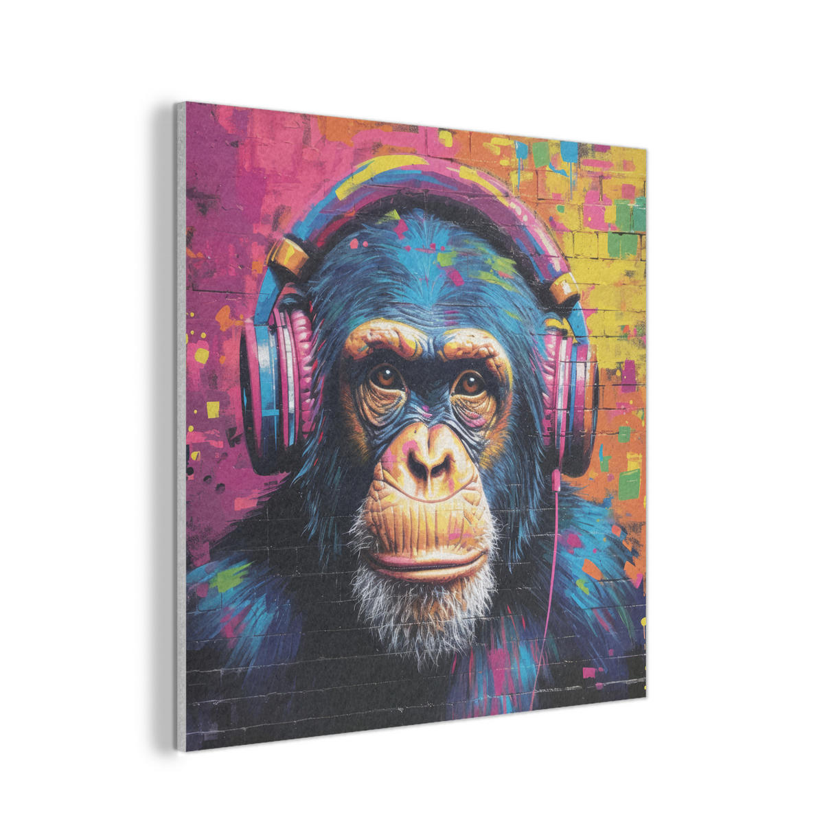 AKUSTIKPANEEL Graffiti - Schimpanse - Straßenkunst - Kopfhörer - Affe 90x90 cm - Blau, Textil (90/0.9/90cm) - MuchoWow