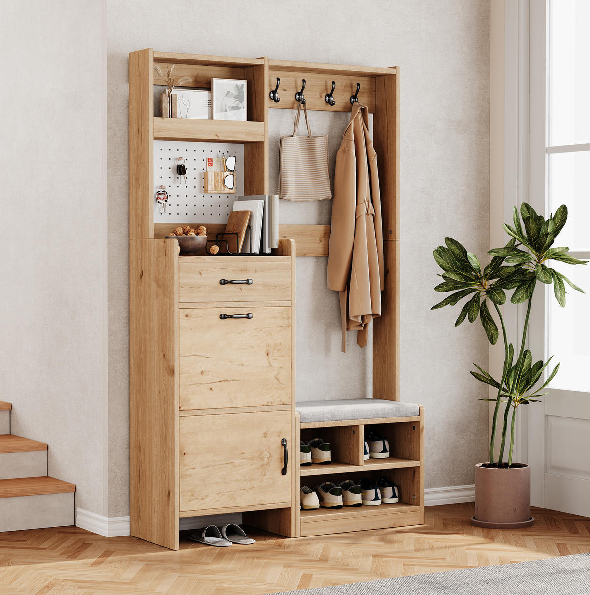 GARDEROBEN-SET mit Sitzbank 108,5 x 35 x 180 cm Natural+White 6-in-1 - Weiß, Holzwerkstoff (35/180/108.5cm) - Beauniv