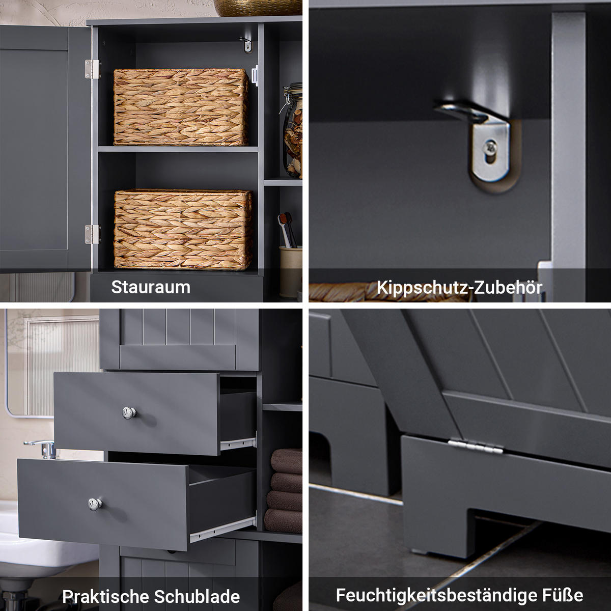 HOCHSCHRANK mit Wäschesack, Grau, Badschrank 60 cm breit, Bad & Waschküche - Grau, Holzwerkstoff (60/170/37cm) - SoBuy
