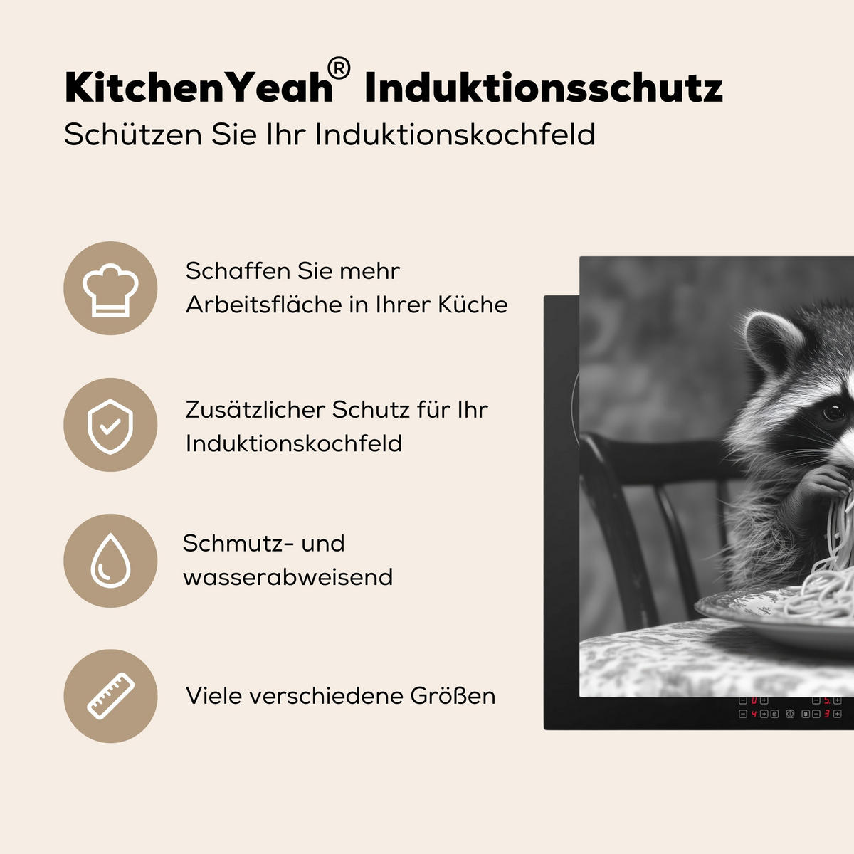 HERDABDECKPLATTE Waschbär - Niedlich - Pasta - Tischtuch - Schwarz - Weiß Herdabdeckung Induktionsfeld 70x52 cm - Grau, Kunststoff (70/52/0.2cm) - MuchoWow