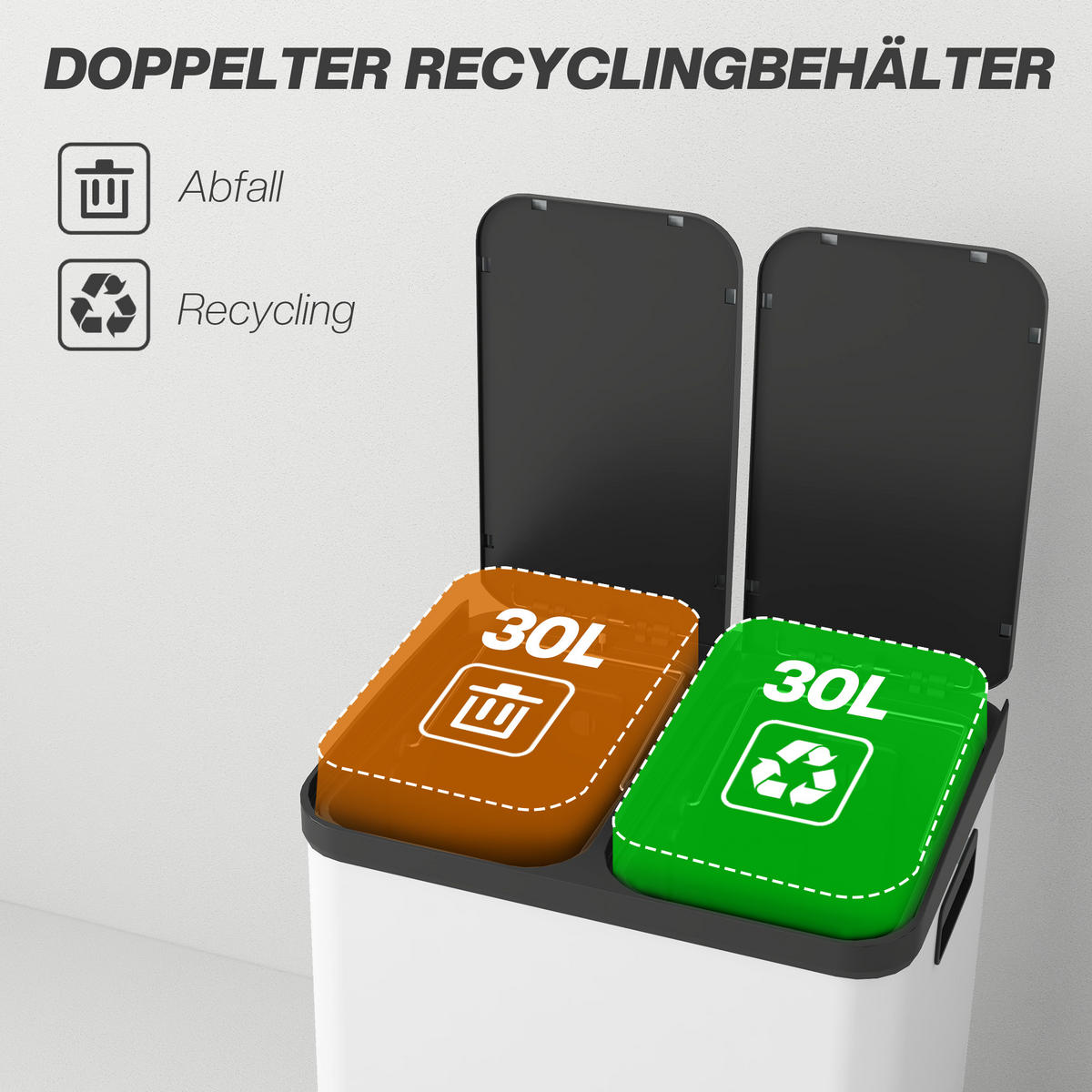 MÜLLEIMER DE-08932 2x30 L, Soft-Close-Pedal Grau - Weiß, Metall (39.5/67/48.8cm) - ComfortXL