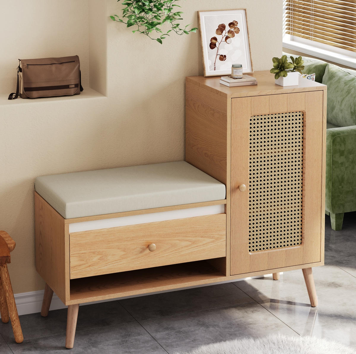 SCHUHSCHRANK 95,5/35/80,5 cm mit Sitzkissen, Schubladen und Rattan-Optik aus MDF und Holzwerkstoff, Natur - Naturfarben, Holzwerkstoff (95.5/80.5/35cm) - Redom