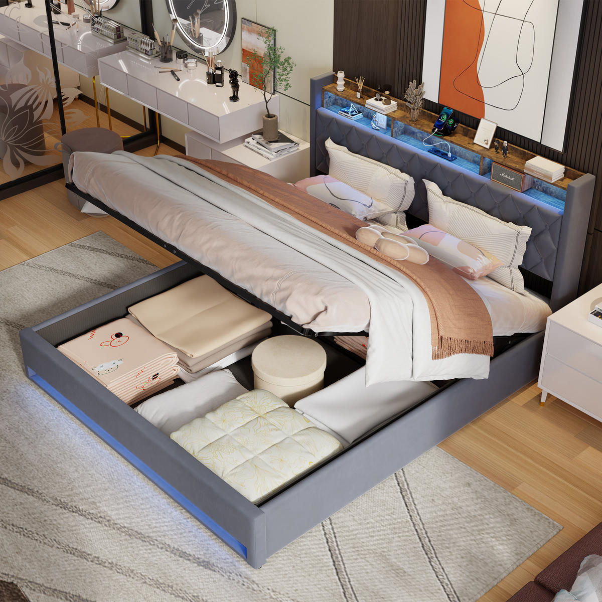 POLSTERBETT 180/200 cm Beige mit LED-Lichtleiste und USB-Anschlüssen - Beige, Holzwerkstoff (180/200cm) - OKWISH