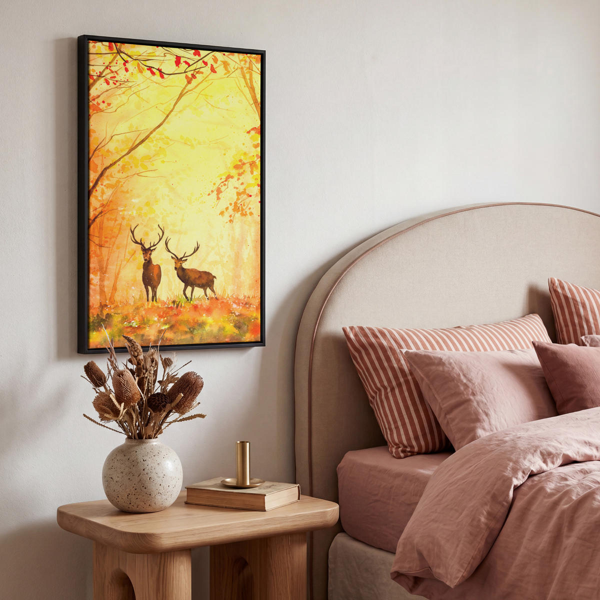LEINWAND Bilder mit Rahmen - Natur - Ölfarbe - Hirsche - Tiere - Herbst - Orange - 40x60 - Orange, Textil (40/60cm) - MuchoWow
