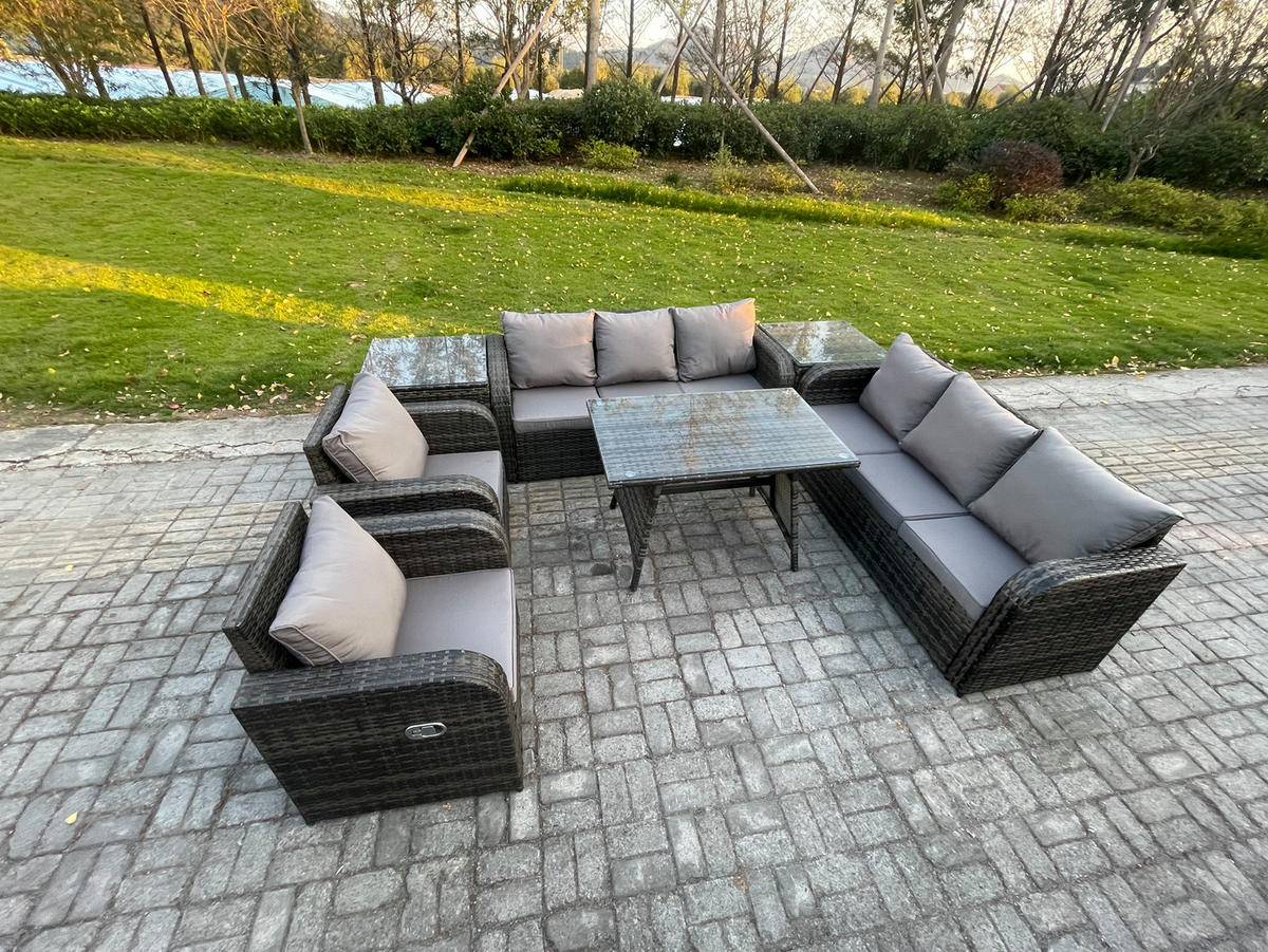 GARTENSET Hohe Rückenlehne Polyrattan 8-Sitzer - Dunkelgrau/Grau, Glas/Kunststoff - Fimous