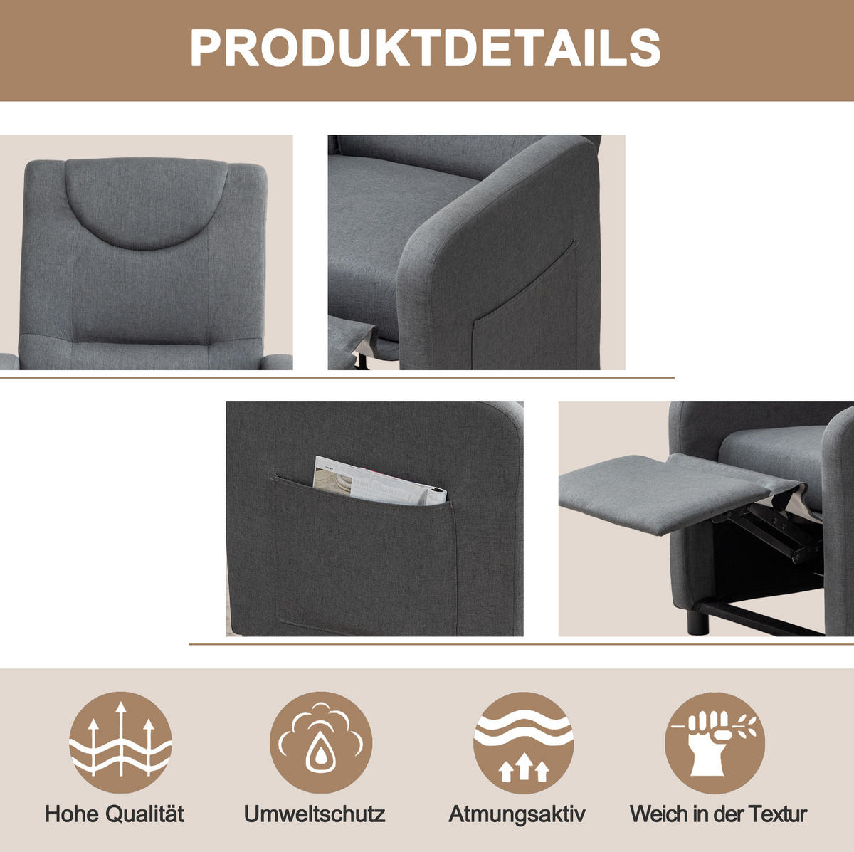 RELAXSESSEL Leinen mit verstellbarer Rückenlehne, Fußstütze 76,5/67,5/95,5 cm Dunkelgrau - Grau, Kunststoff (67.5/95.5/76.5cm) - Redom
