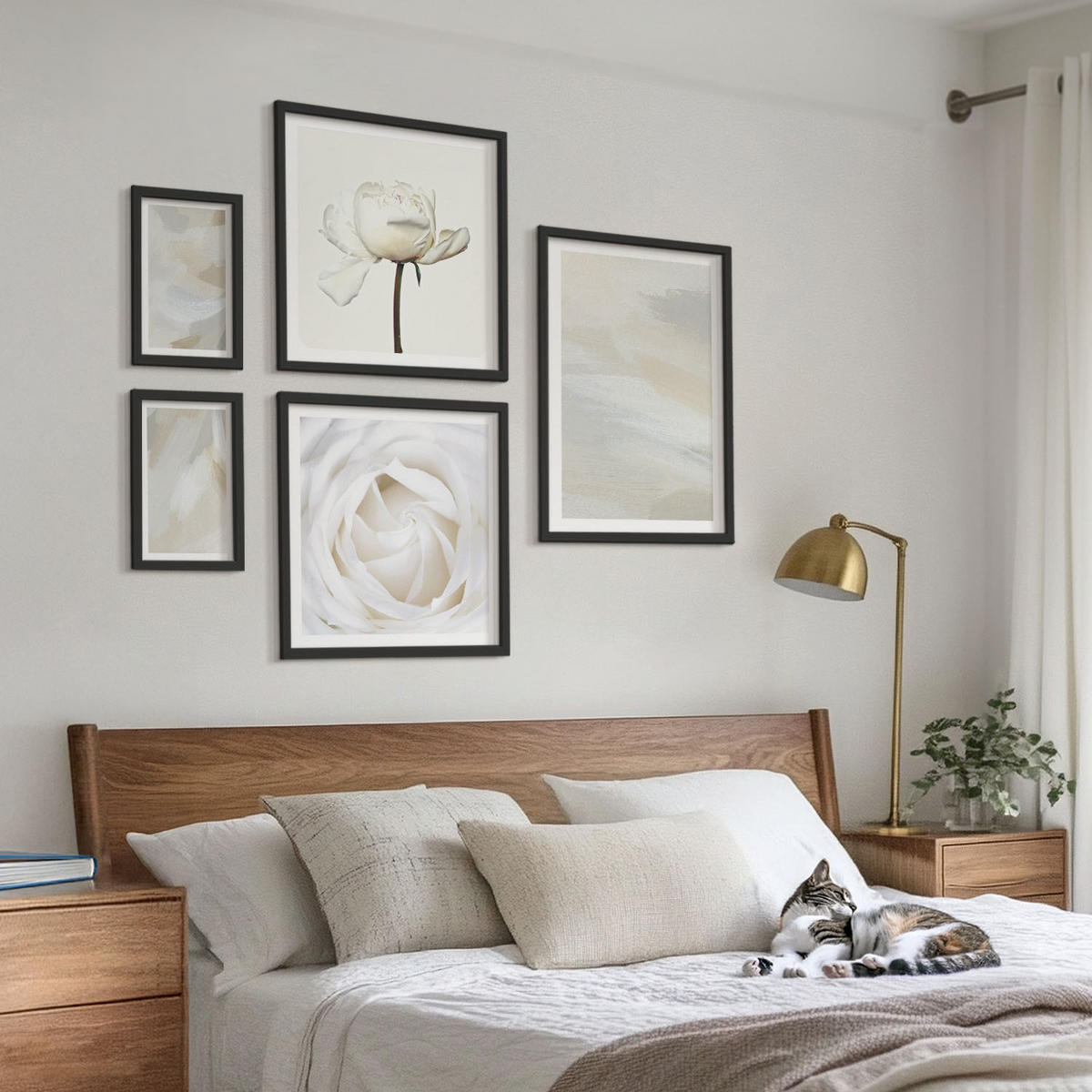 BILDER SET 5er Set - 50x50 cm & 20x30 cm & 40x60 cm Schwarzer Rahmen - Abstrakter Hintergrund mit feinen Strichen - Schwarz, Kunststoff (40/60cm) - TULUP
