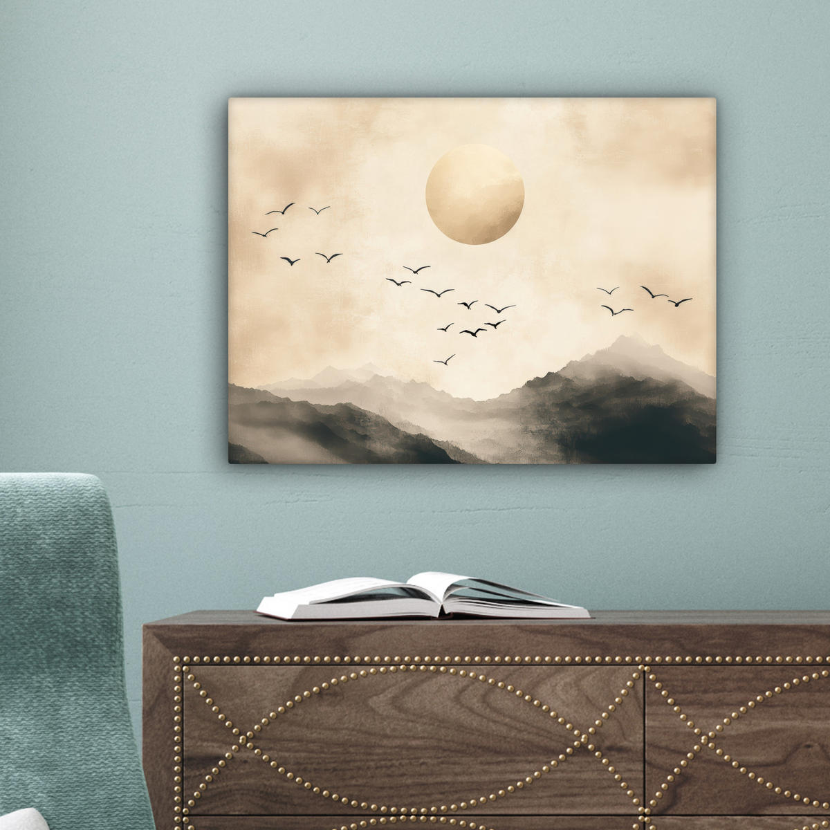 LEINWANDBILD Landschaft - Japandi - Vogel 40x30 cm - Beige, Textil (40/30cm) - MuchoWow