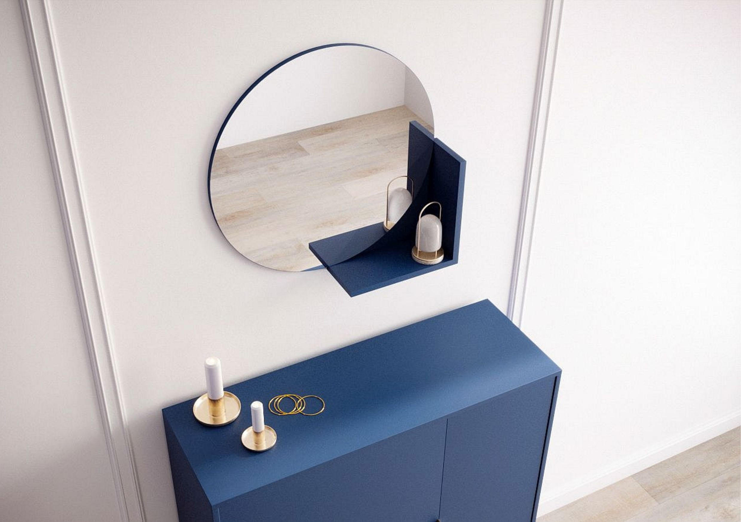 WANDSPIEGEL Lucija, Round 60 cm, mit Ablage, Marineblau - Dunkelblau, Holzwerkstoff (60/60/12cm) - Skandica
