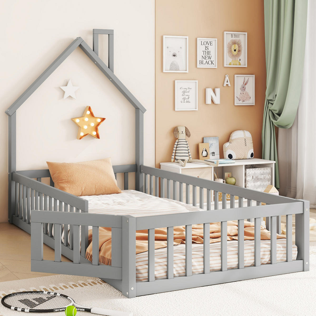 HAUSBETT Schornsteinform 90/200 cm, Grau mit Sicherheitsgitter - Grau, Holz (90/200cm) - MIVRAY